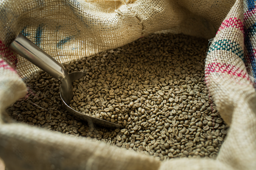 green coffee beans in a sack