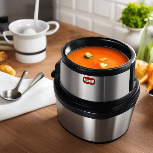 A kitchen appliance filled with soup